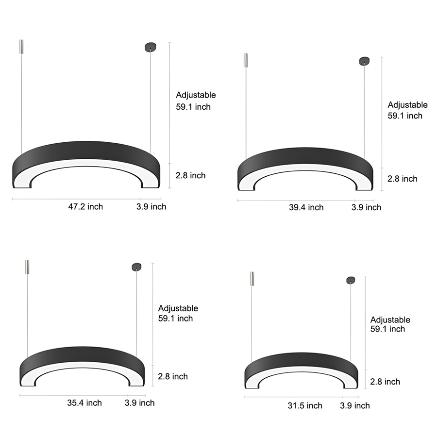 Modern C-Shape LED Pendant Light Half-Circle Profile Black