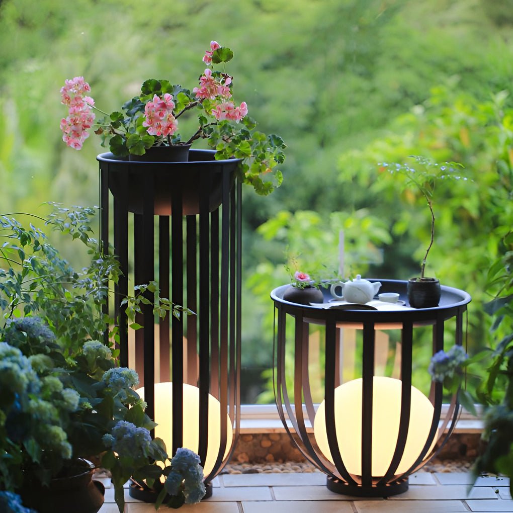 Solar LED Outdoor Floor Lantern with Tray - Industrial Style