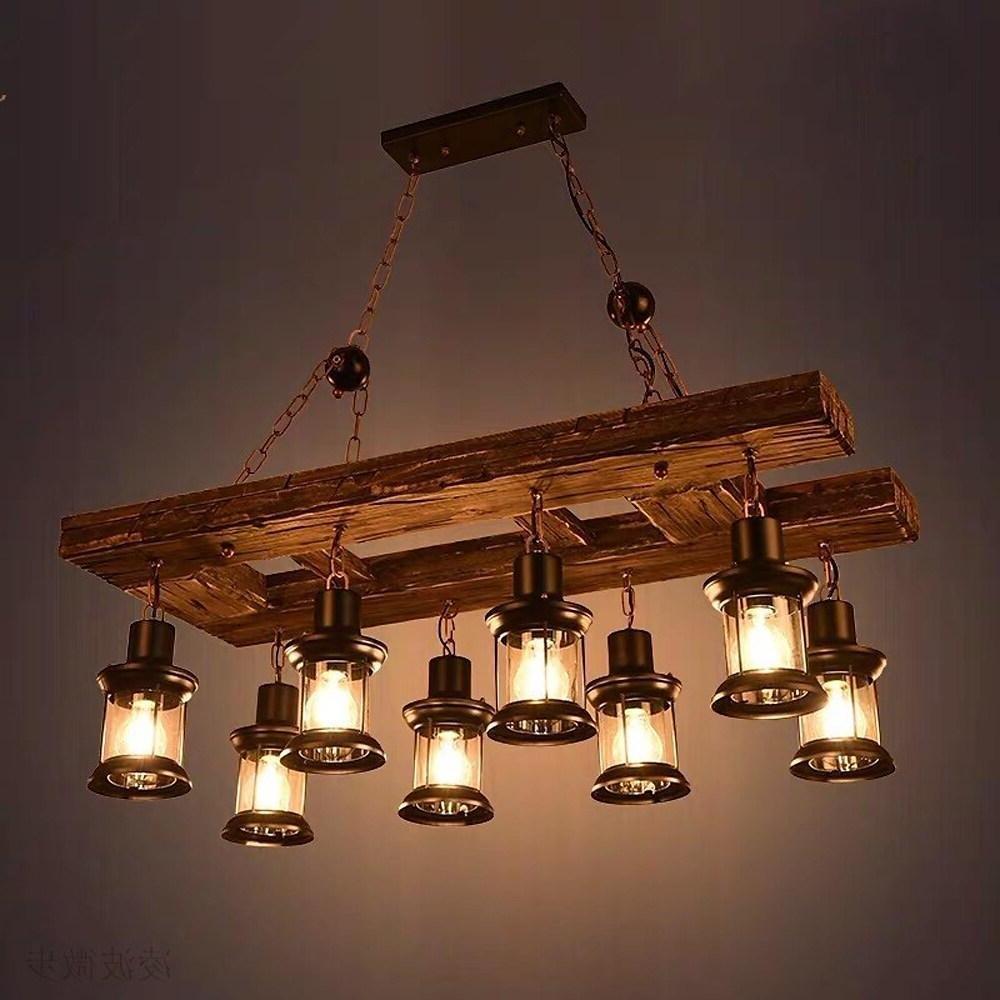 8-Light Vintage Wooden Chandelier with Glass Shades