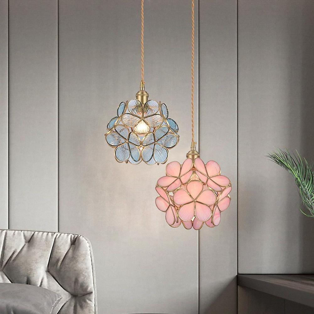 Copper Glass Pendant Light Traditional Floral Shade Single Bulb