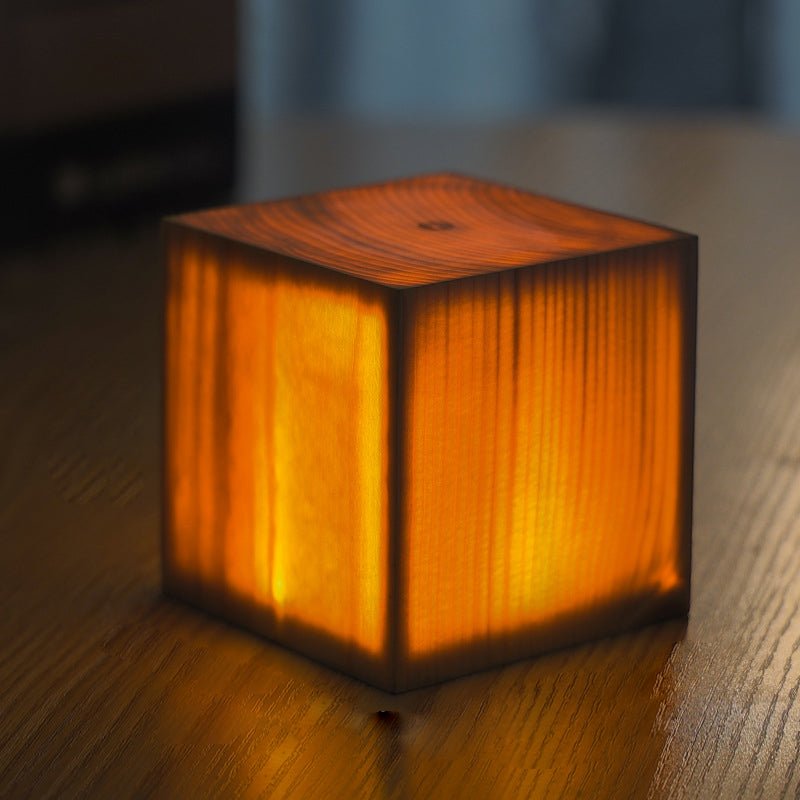 Wooden Cube Accent Table Lamp with Touch Control & USB Charging