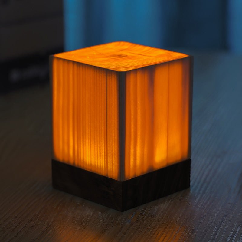 Wooden Cube Accent Table Lamp with Touch Control & USB Charging