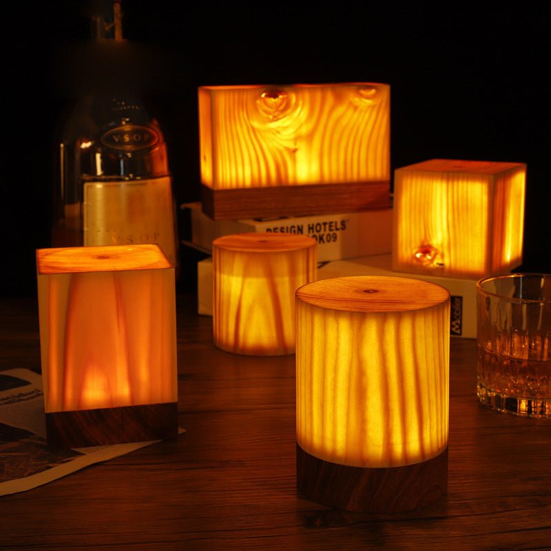 Wooden Cube Accent Table Lamp with Touch Control & USB Charging