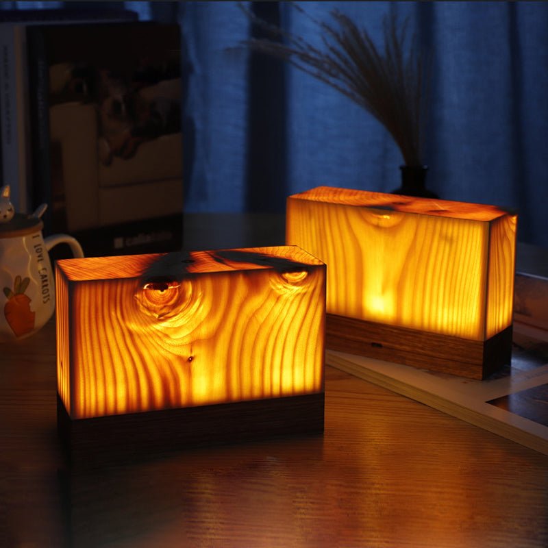 Wooden Cube Accent Table Lamp with Touch Control & USB Charging