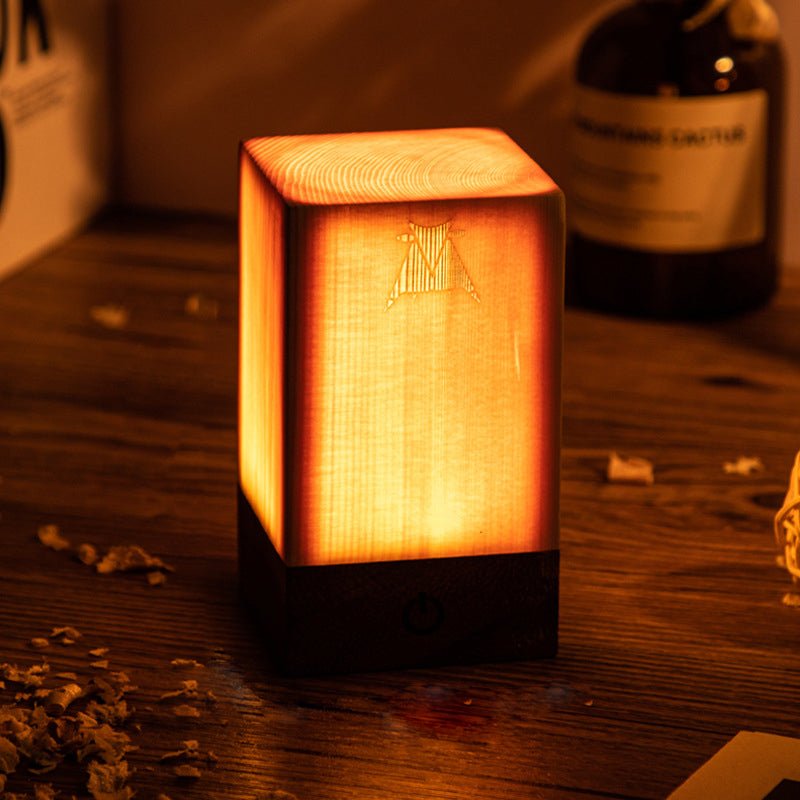 Wooden Cube Accent Table Lamp with Touch Control & USB Charging