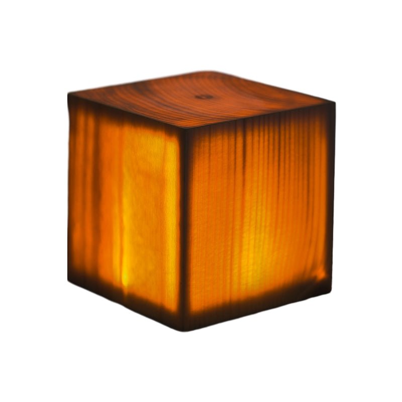 Wooden Cube Accent Table Lamp with Touch Control & USB Charging