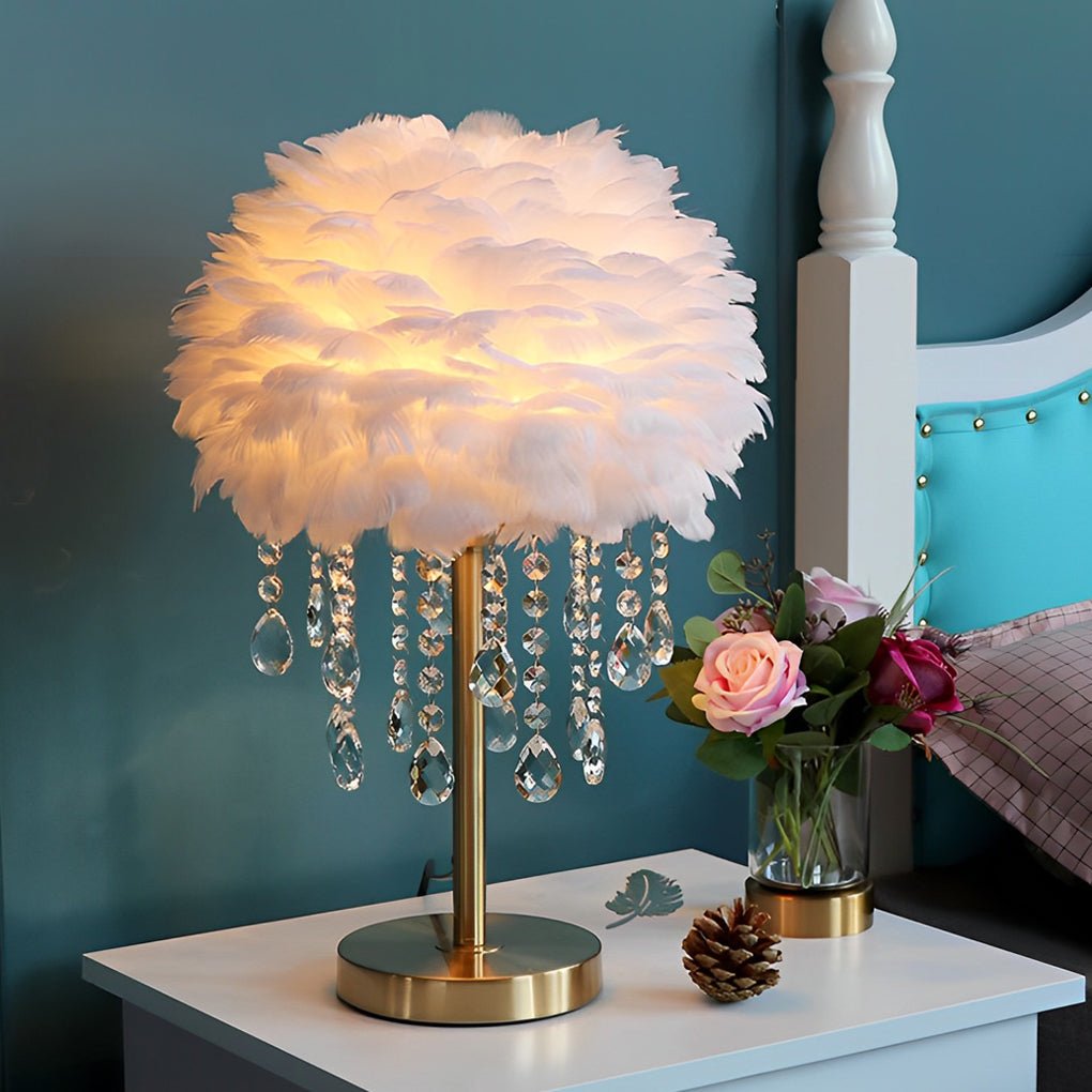 Modern Feather Crystal Table Lamp with Warm LED Ambient Lighting