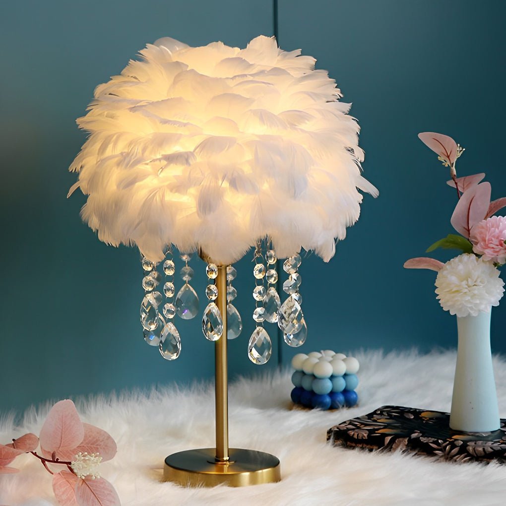 Modern Feather Crystal Table Lamp with Warm LED Ambient Lighting