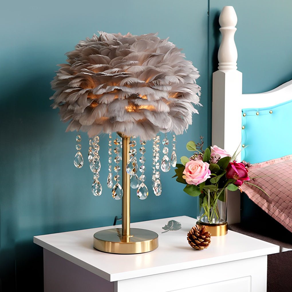 Modern Feather Crystal Table Lamp with Warm LED Ambient Lighting