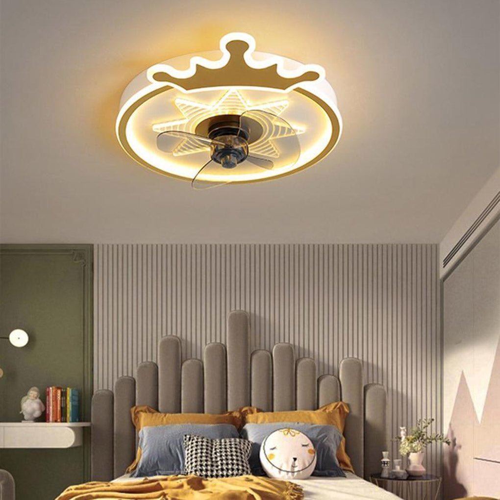 Round Crown LED Ceiling Fan with Remote - Kids Flush Mount Fan