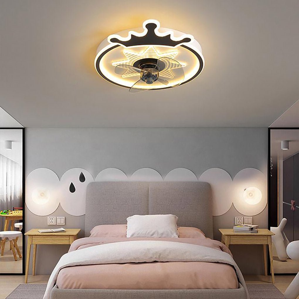 Round Crown LED Ceiling Fan with Remote - Kids Flush Mount Fan