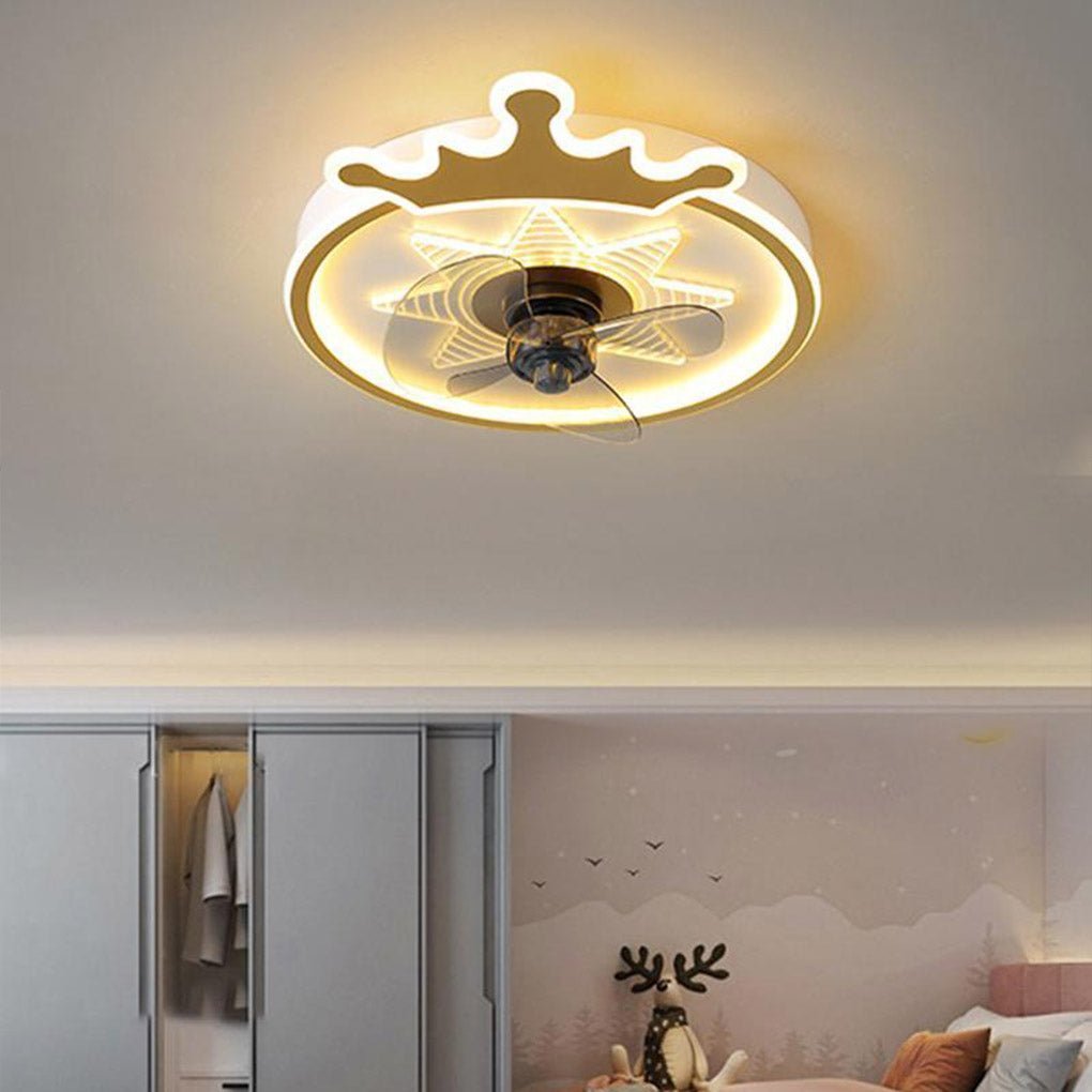 Round Crown LED Ceiling Fan with Remote - Kids Flush Mount Fan