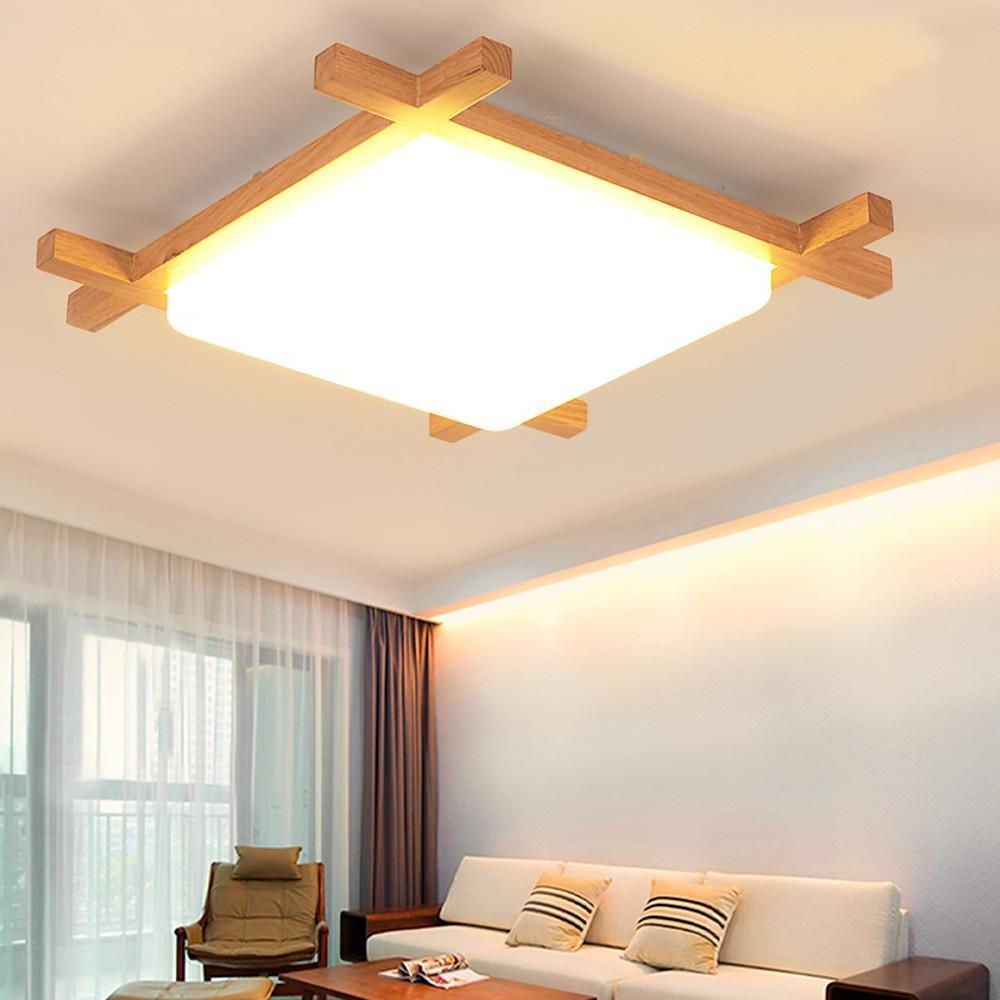 Square Rustic Wood Flush Mount LED Ceiling Light Dimmable