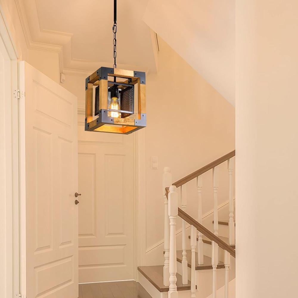 Rustic Industrial Linear Chandelier Wood & Glass Farmhouse Fixture