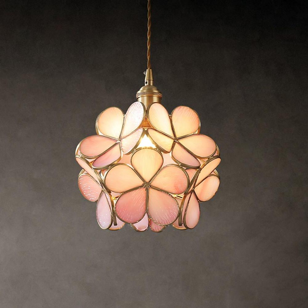 Floral Glass Pendant Light Modern Copper Finish Hanging Lamp
