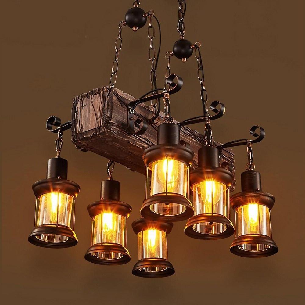 6-Light Farmhouse Wooden Chandelier with Glass Lantern Shades