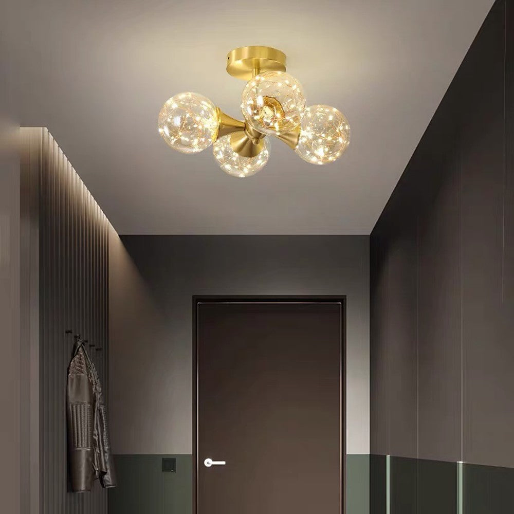 4-Light Copper Glass Flush Mount LED Ceiling Light Modern Brass