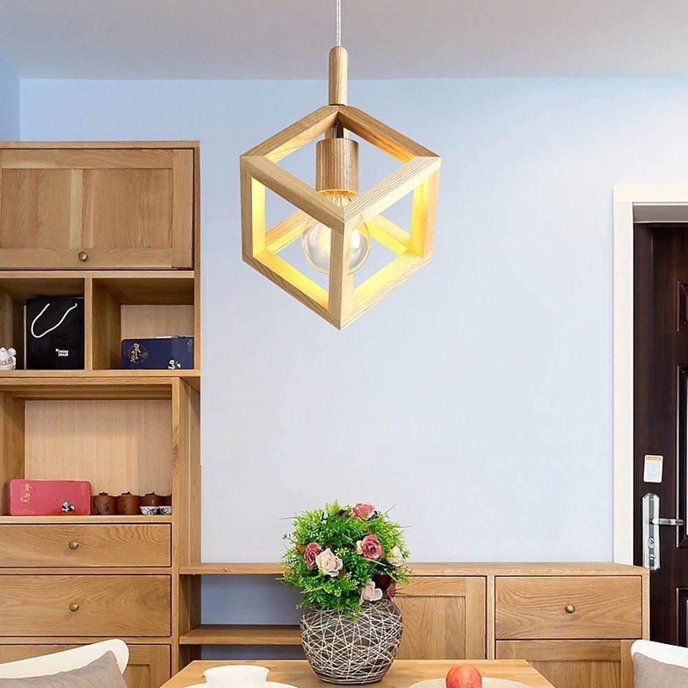 Square Wood Pendant Light with Adjustable Cord for Modern Spaces