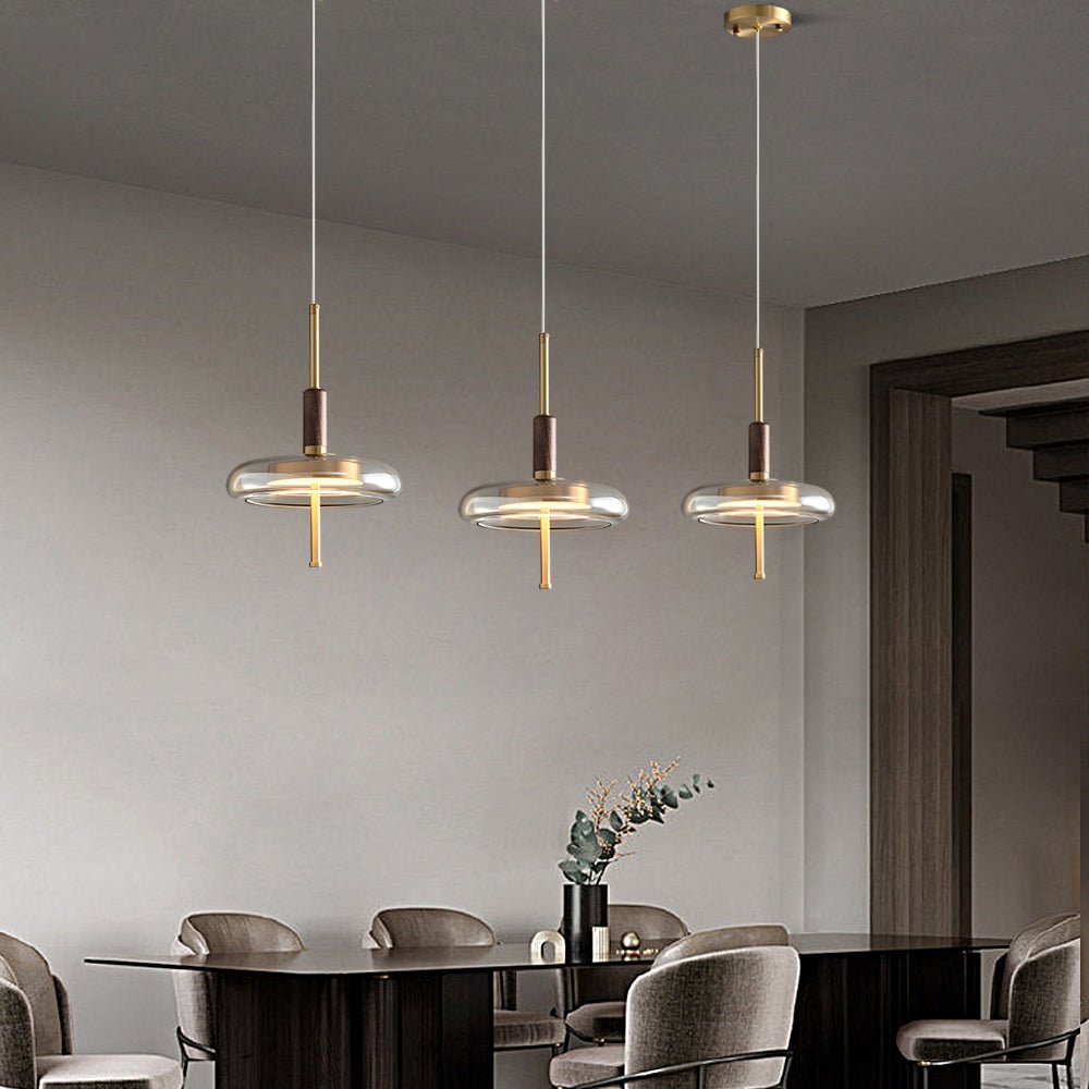 Nordic Glass Wood Brass Pendant Light with 3-Step Dimming