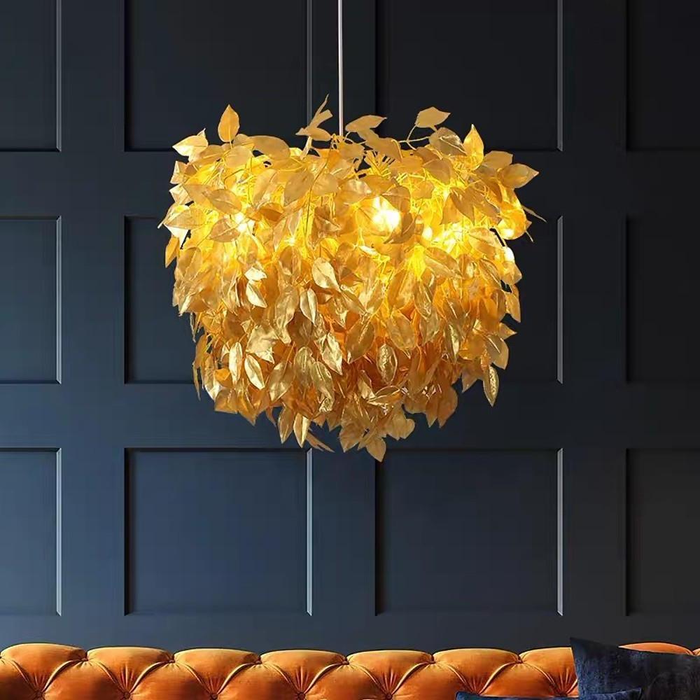 Fabric Feather Pendant Light – White & Gold, Dimmable, 24"