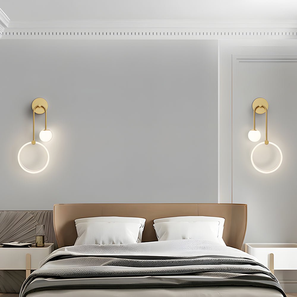 Modern 2-Light Gold Wall Sconce with Acrylic Ring and Frosted Globe