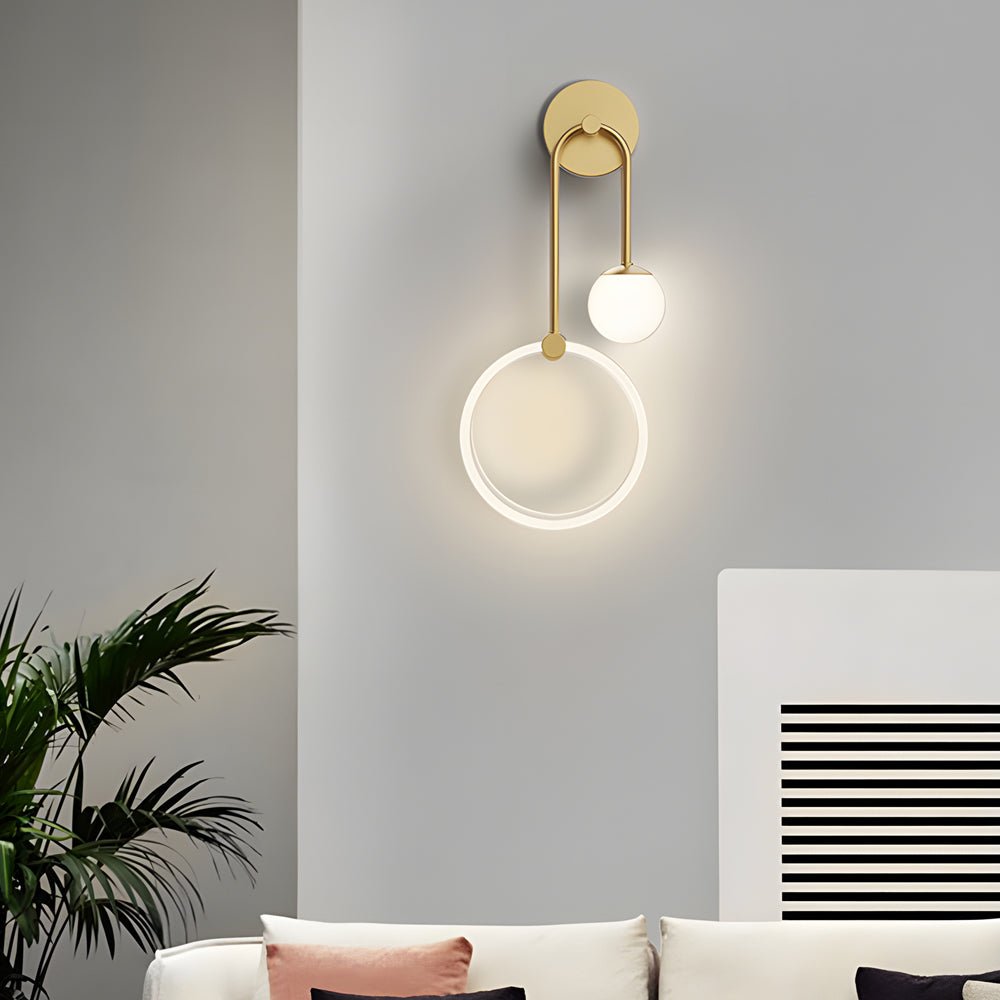 Modern 2-Light Gold Wall Sconce with Acrylic Ring and Frosted Globe