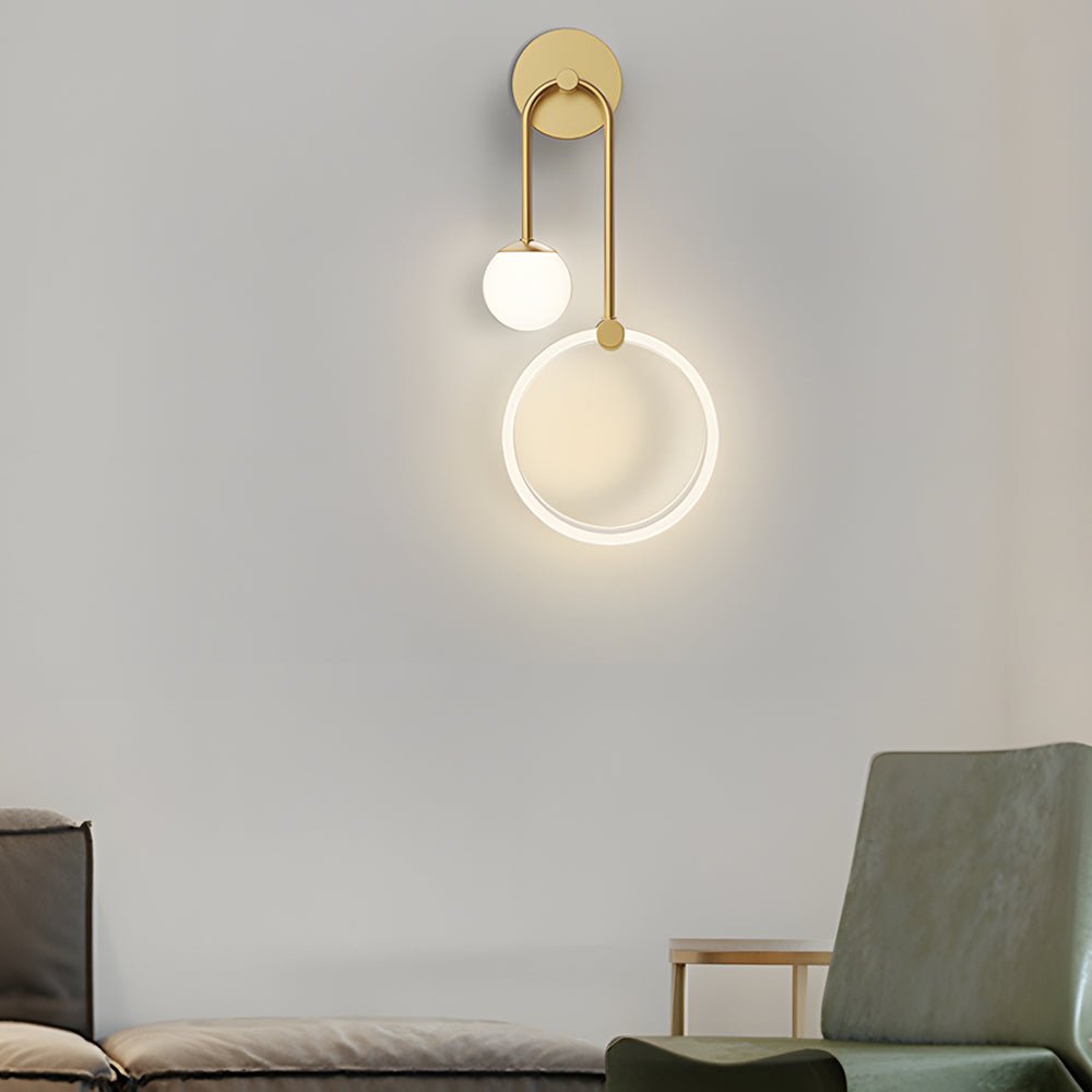Modern 2-Light Gold Wall Sconce with Acrylic Ring and Frosted Globe