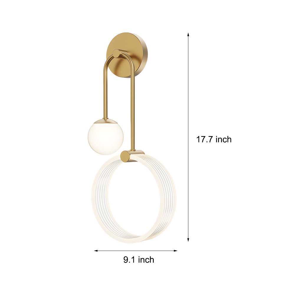 Modern 2-Light Gold Wall Sconce with Acrylic Ring and Frosted Globe