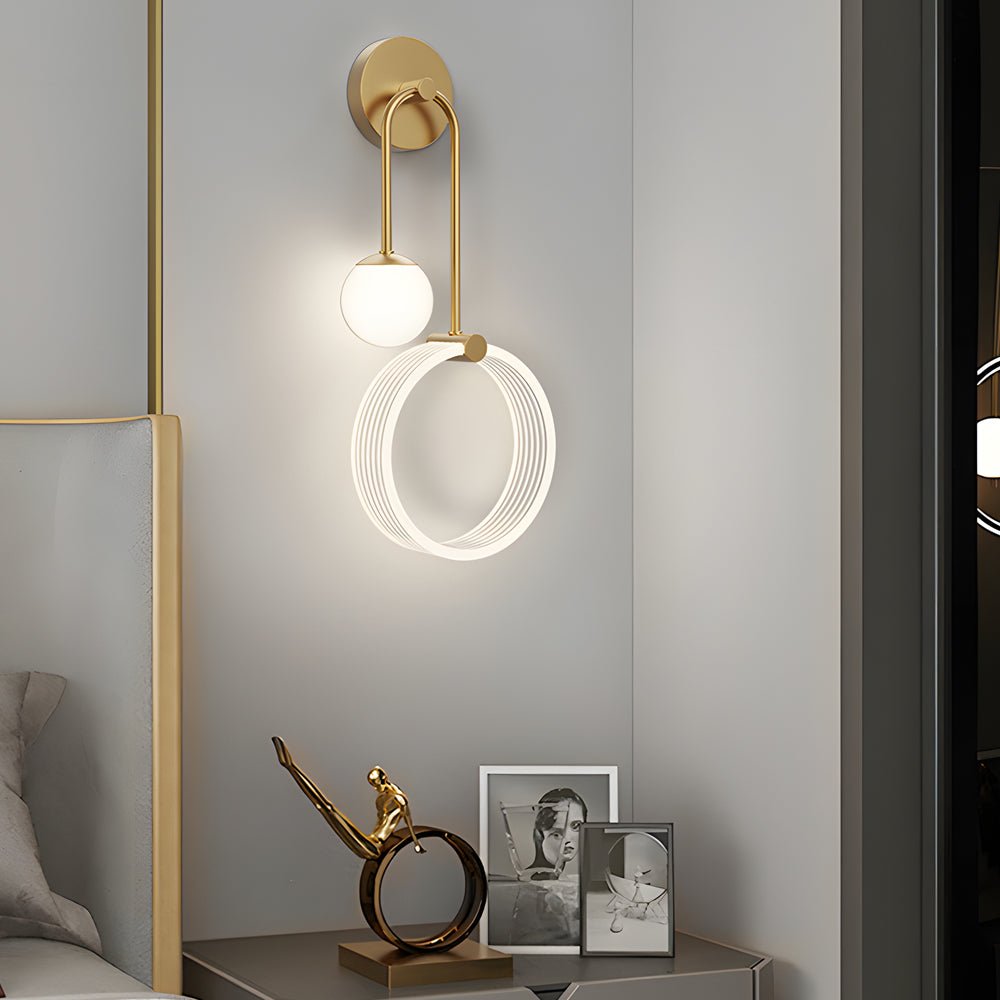 Modern 2-Light Gold Wall Sconce with Acrylic Ring and Frosted Globe