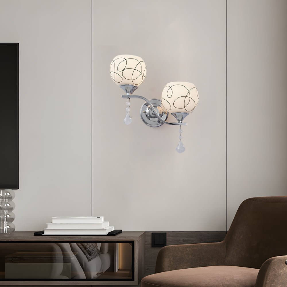 Modern 2-Light Open Sphere Crystal Wall Sconce - White Metal & Glass