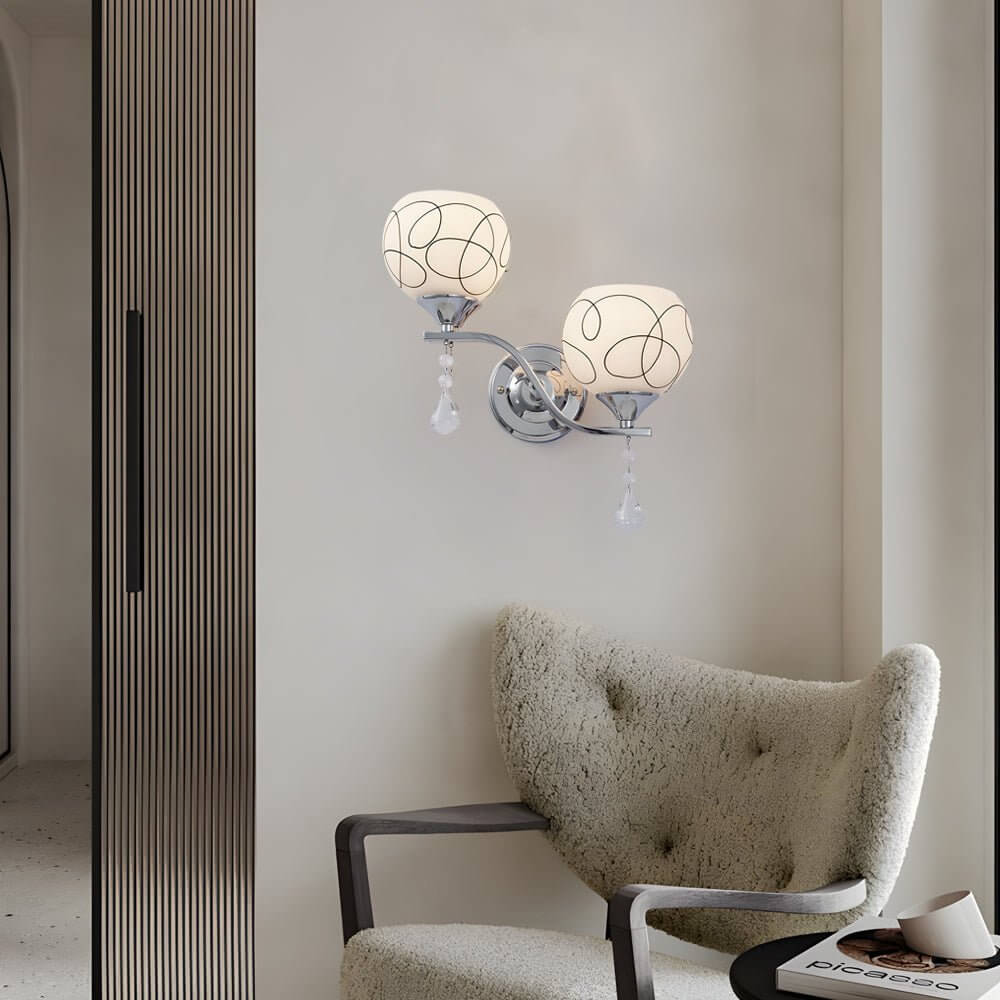 Modern 2-Light Open Sphere Crystal Wall Sconce - White Metal & Glass