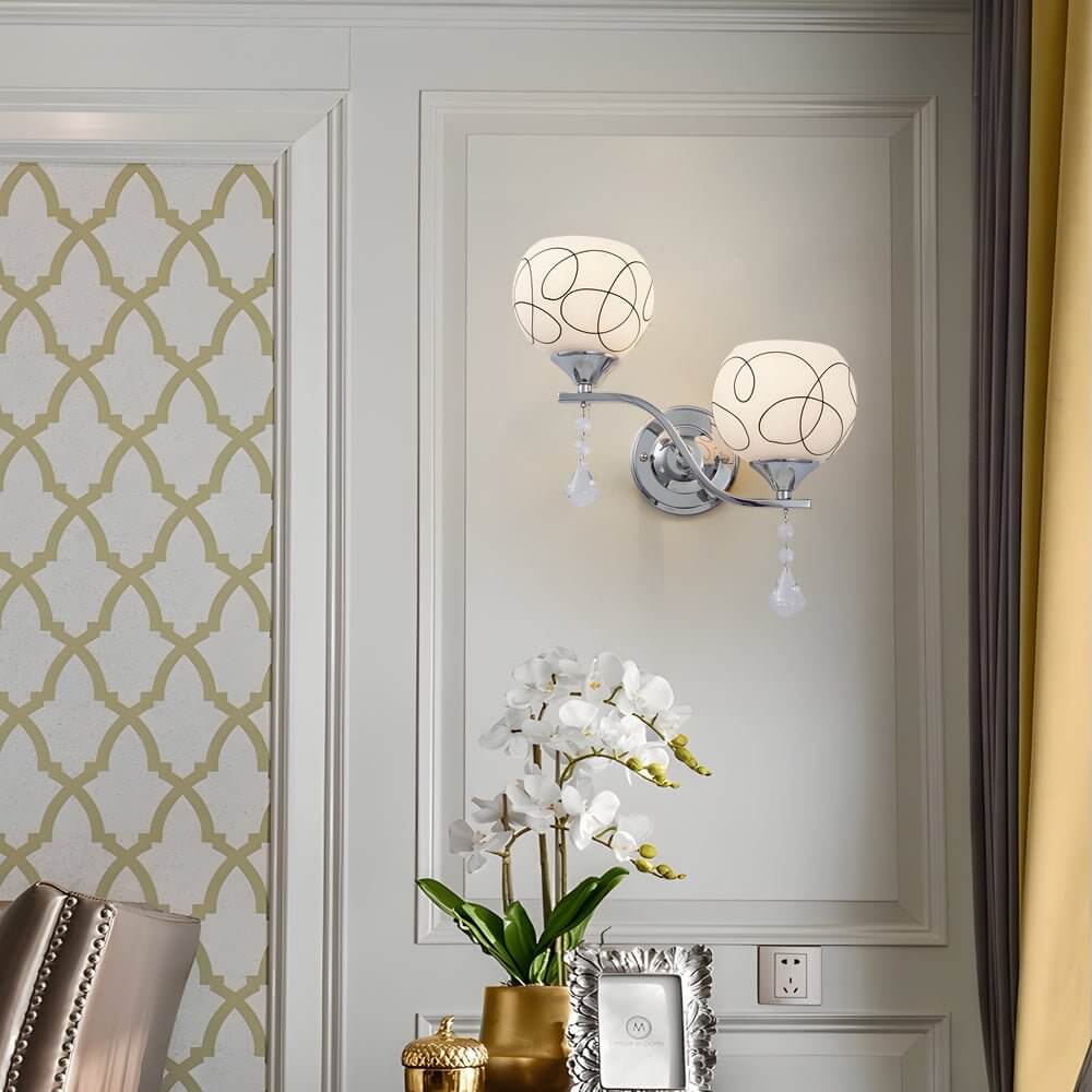 Modern 2-Light Open Sphere Crystal Wall Sconce - White Metal & Glass