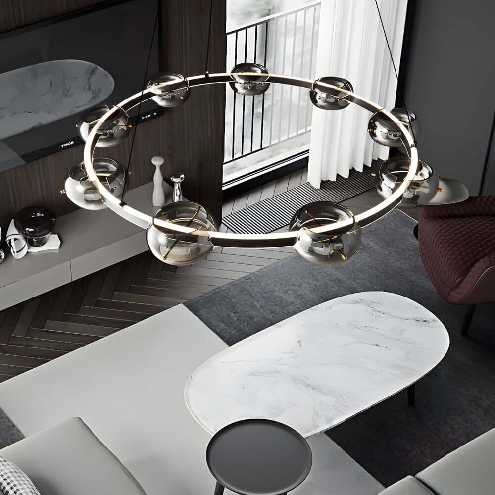 Black Copper Ring Glass Sphere LED Chandelier with 3-Step Dimming