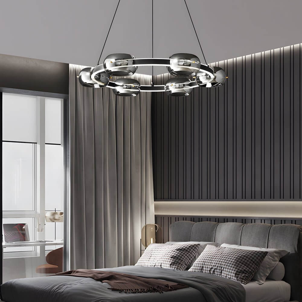 Black Copper Ring Glass Sphere LED Chandelier with 3-Step Dimming