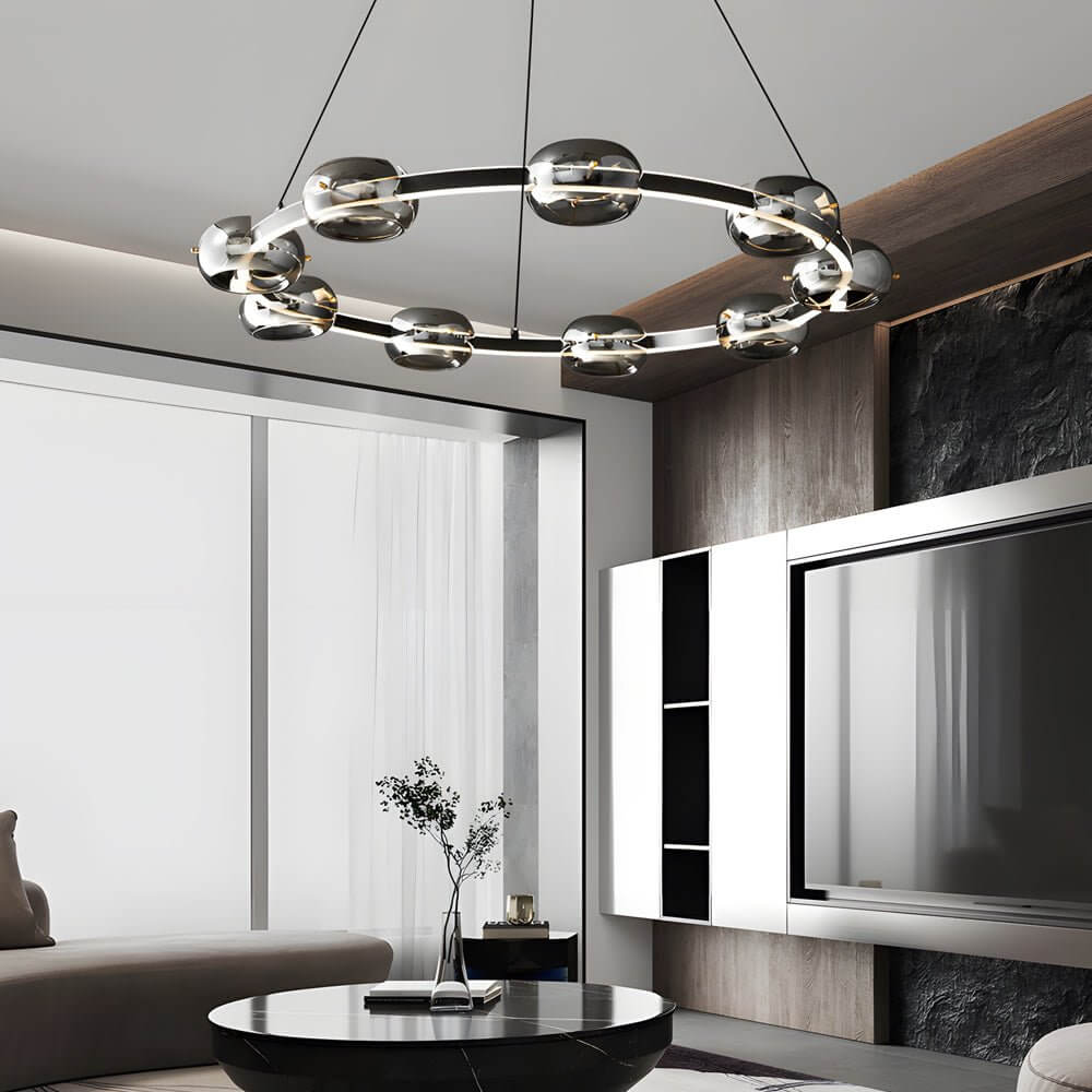 Black Copper Ring Glass Sphere LED Chandelier with 3-Step Dimming