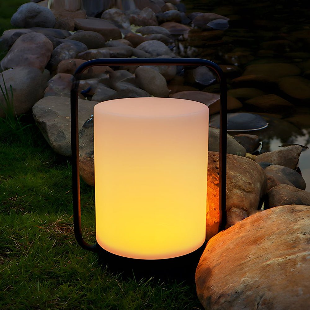 Modern Black Portable Outdoor Table Lamp with White Cylinder Shade