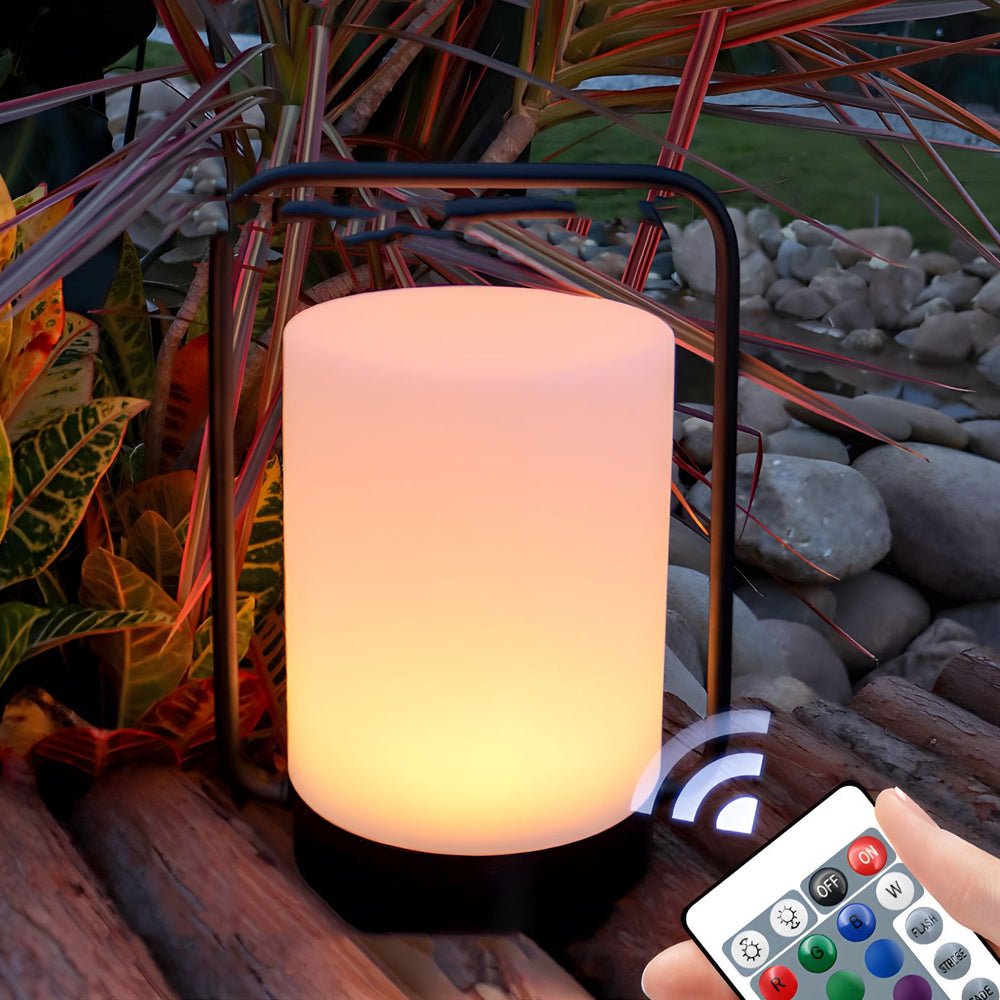 Modern Black Portable Outdoor Table Lamp with White Cylinder Shade