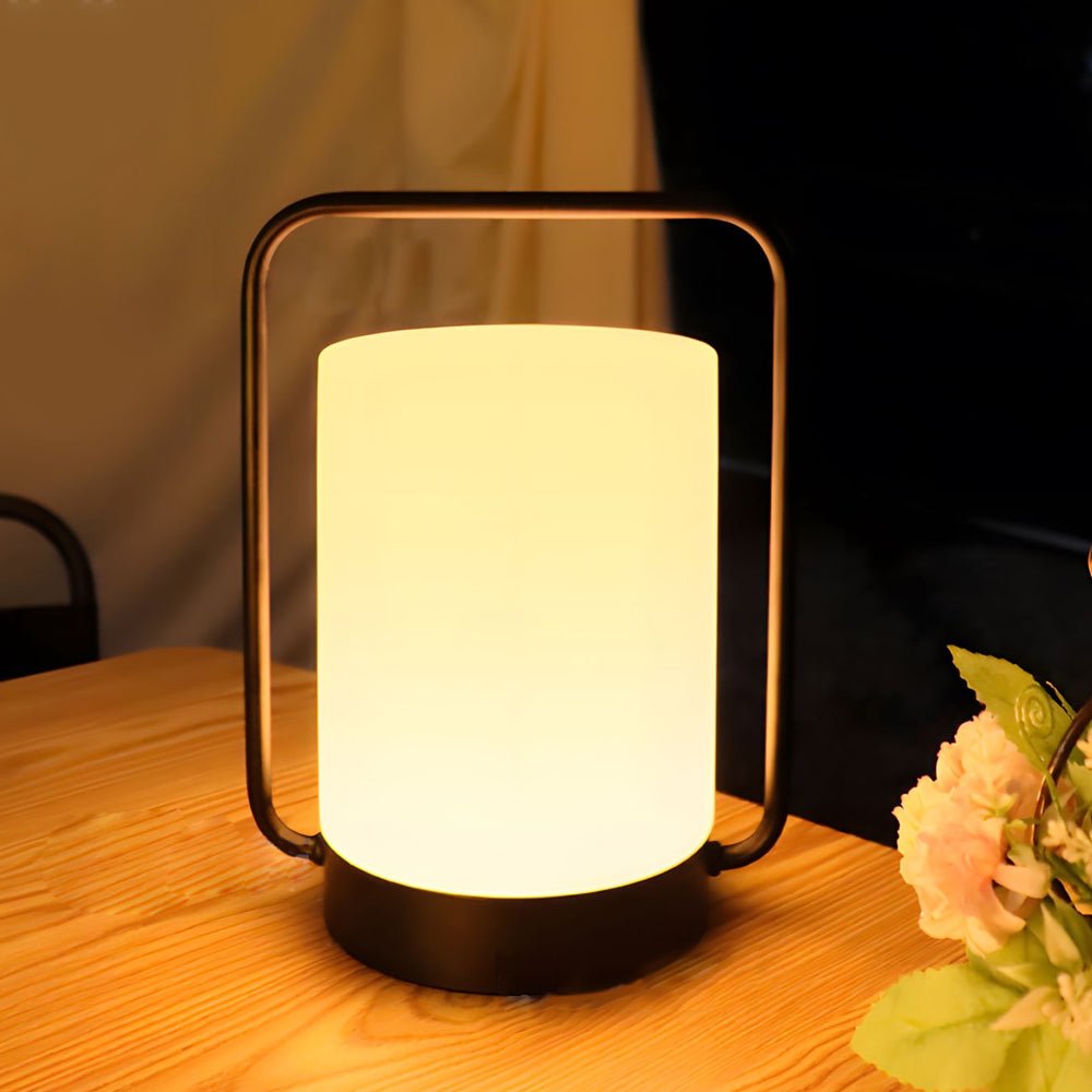 Modern Black Portable Outdoor Table Lamp with White Cylinder Shade