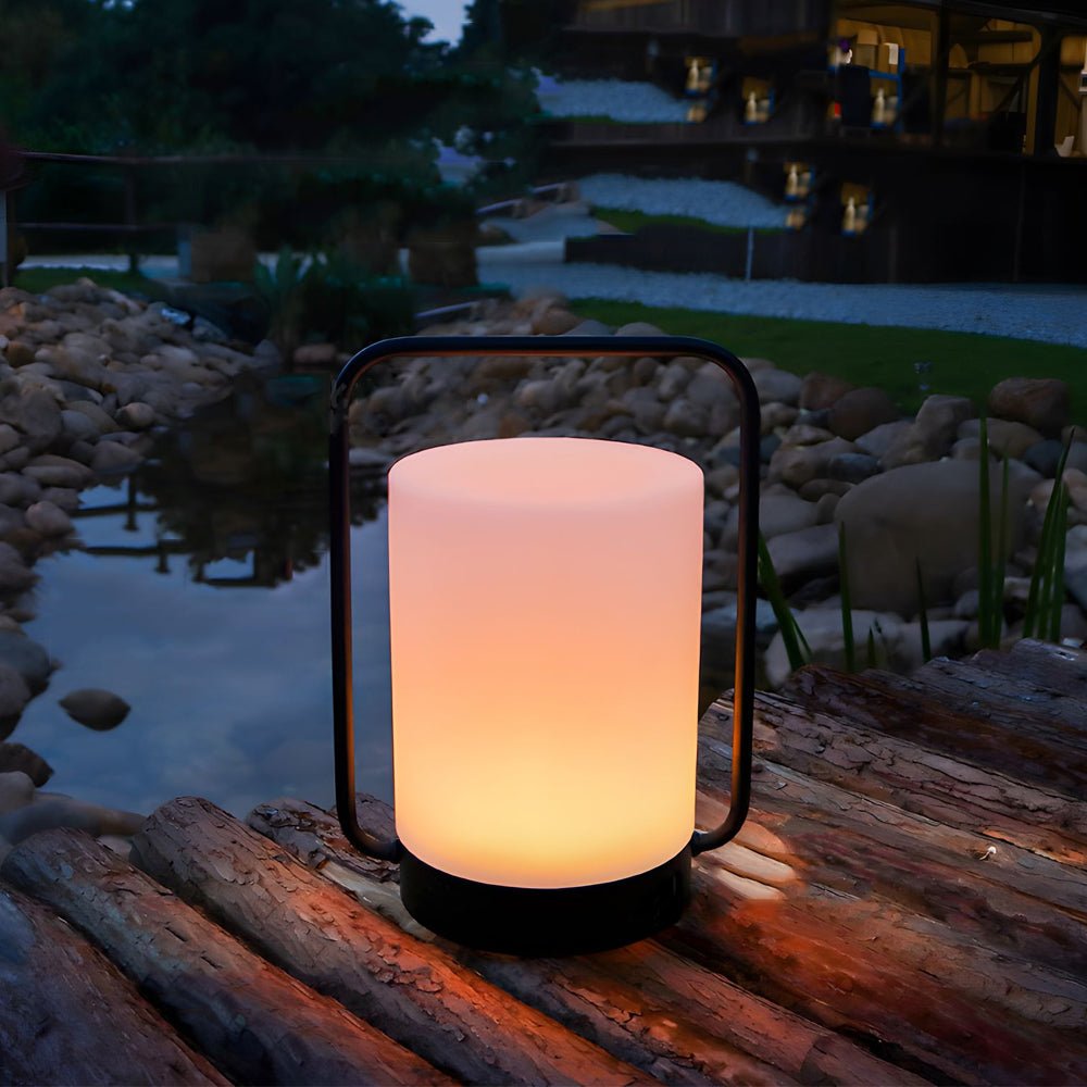 Modern Black Portable Outdoor Table Lamp with White Cylinder Shade