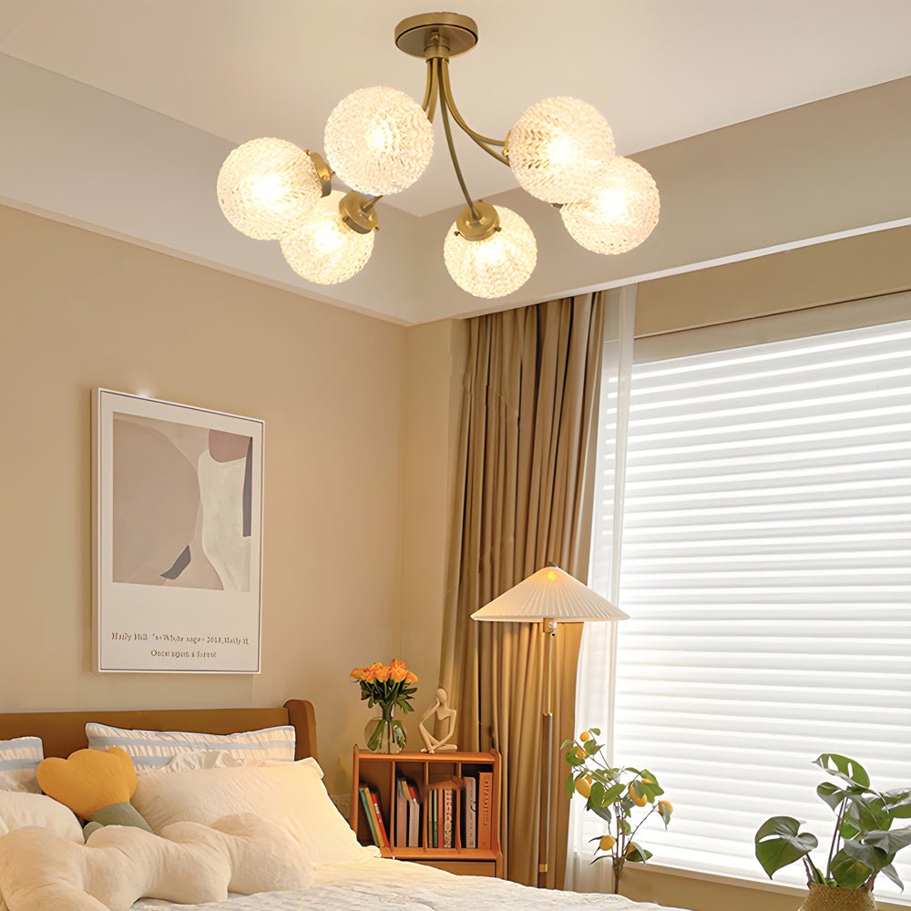 Brass Carved Glass Semi-Flush Mount Ceiling Light - 6/8-Light