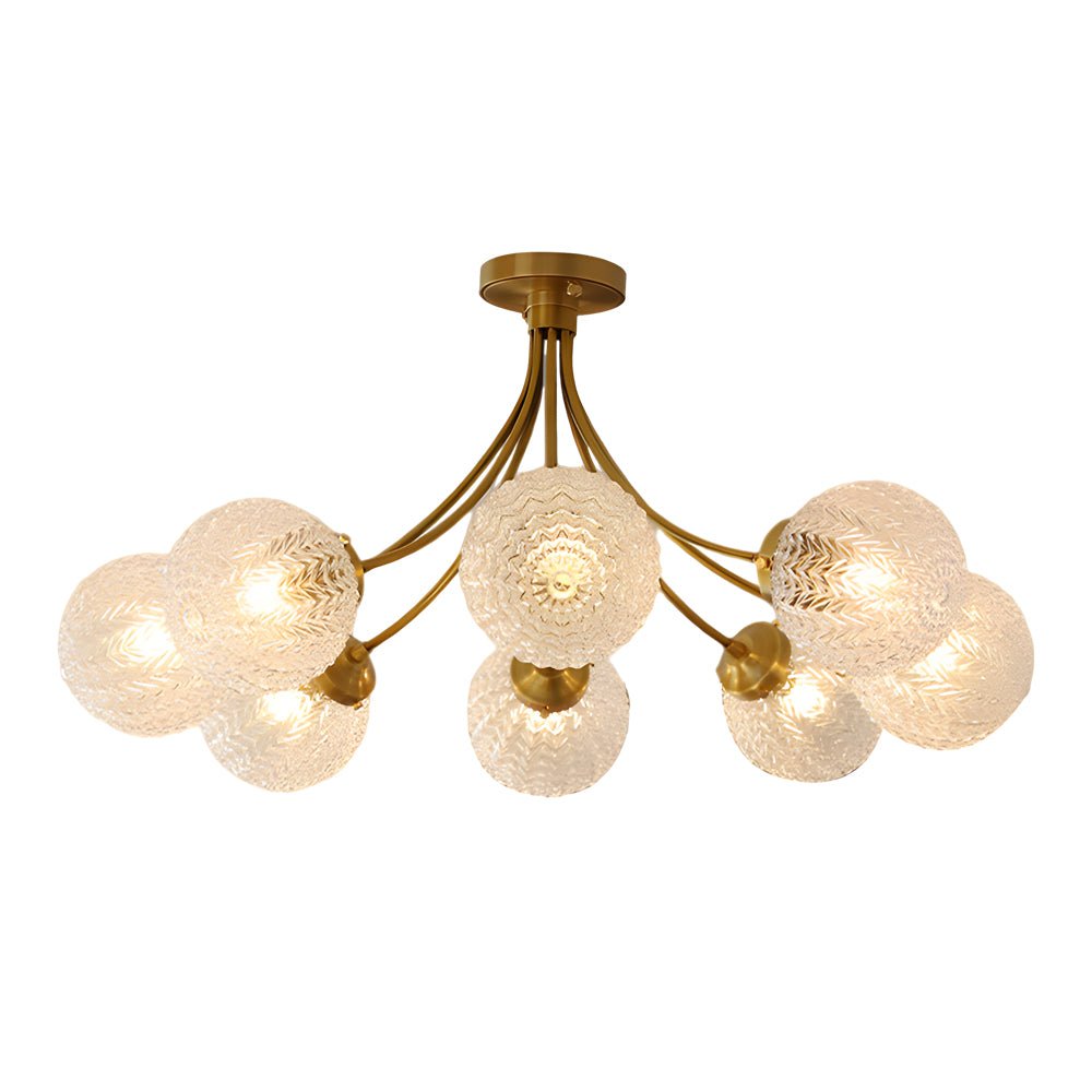 Brass Carved Glass Semi-Flush Mount Ceiling Light - 6/8-Light
