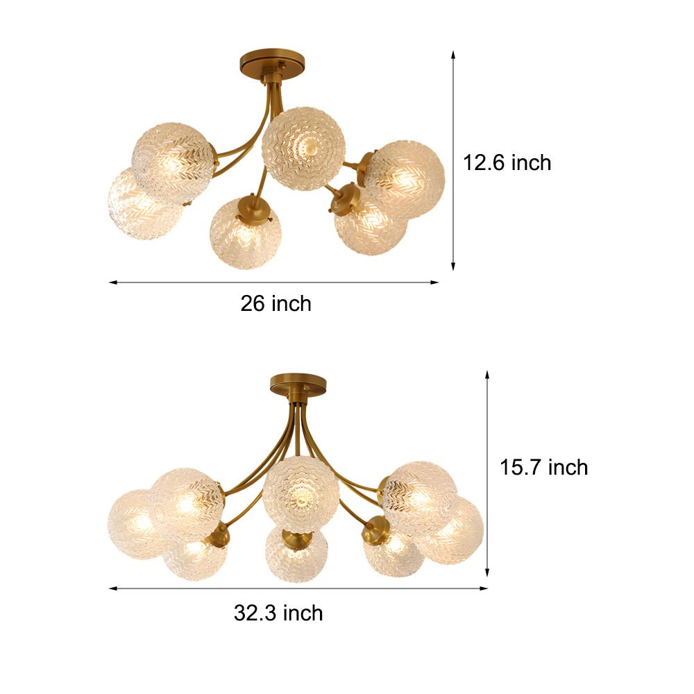 Brass Carved Glass Semi-Flush Mount Ceiling Light - 6/8-Light