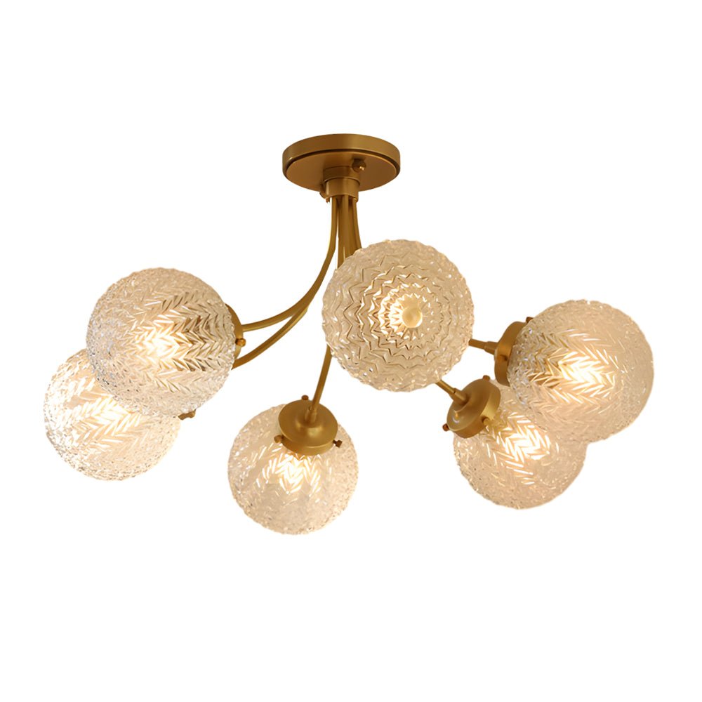 Brass Carved Glass Semi-Flush Mount Ceiling Light - 6/8-Light