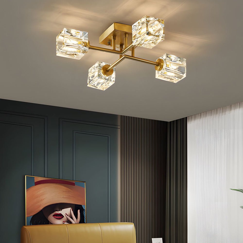 Crystal Cube Semi-Flush Mount Ceiling Light - Modern Copper Fixture