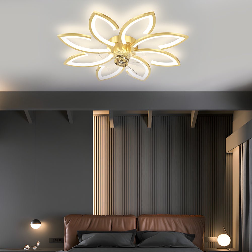 Modern Floral Flush Mount Ceiling Fan with LED Light & Dimming
