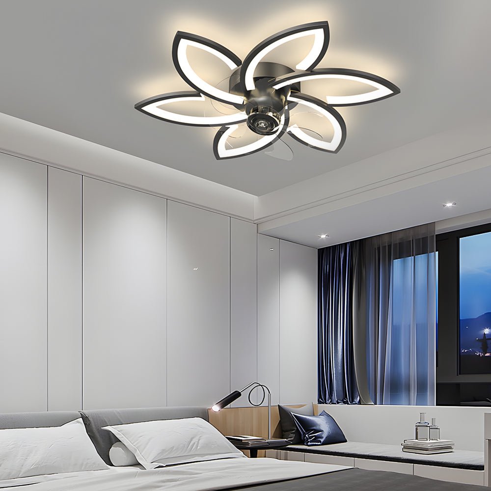 Modern Floral Flush Mount Ceiling Fan with LED Light & Dimming
