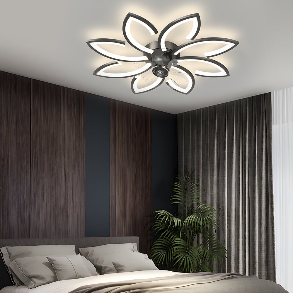 Modern Floral Flush Mount Ceiling Fan with LED Light & Dimming