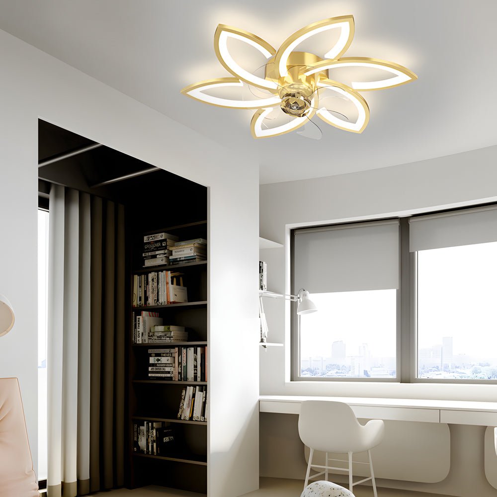 Modern Floral Flush Mount Ceiling Fan with LED Light & Dimming