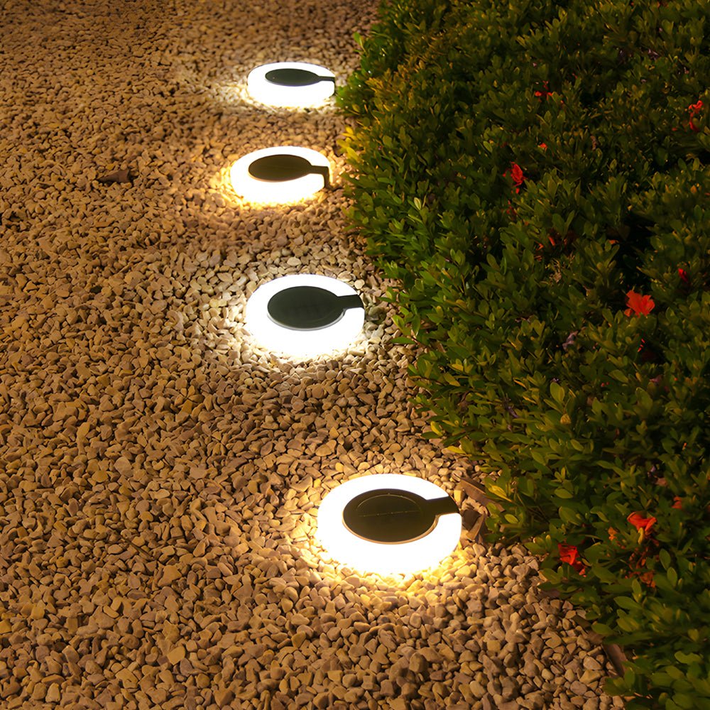 Solar Deck Lights 4-Pack Round Pathway Disk Set Modern Outdoor