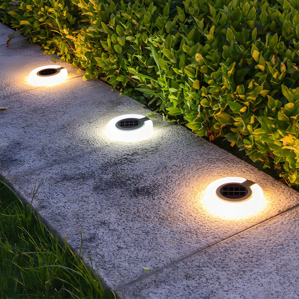 Solar Deck Lights 4-Pack Round Pathway Disk Set Modern Outdoor
